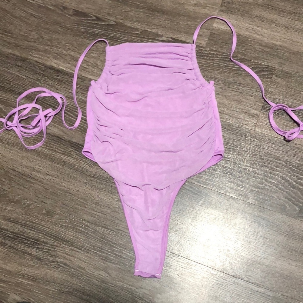 Purple Ruched High Cut Bodysuit - Halter Tie & Open Back Loops - Trendy Clubwear